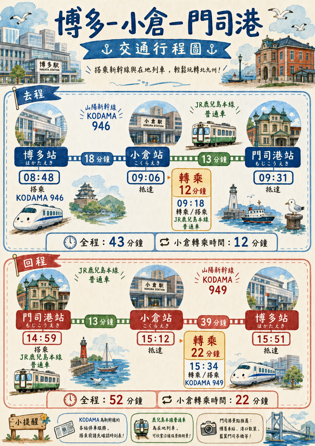 Day 2 博多、小倉與門司港往返交通行程圖