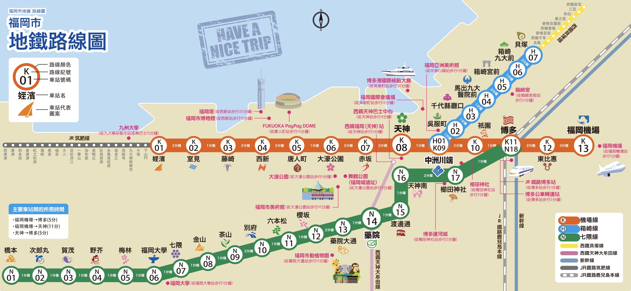 福岡市地鐵機場線、箱崎線與七隈線路線圖